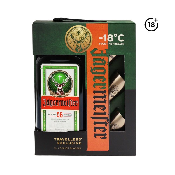 JAGER MEISTER HERB LIQUEUR & 3 METAL SHOTS
