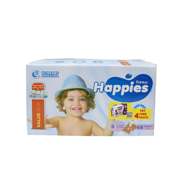 HAPPIES BABY DIAPERS VALUE BOX X-LARGE 12-20KG SIZE 5+WIPE