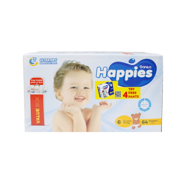HAPPIES BABY DIAPERS VALUE BOX XX-LARGE >17KG SIZE 6+WIPS